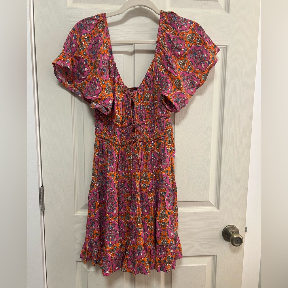 Olivaceous Pink & Orange Floral Paisley Mini Dress